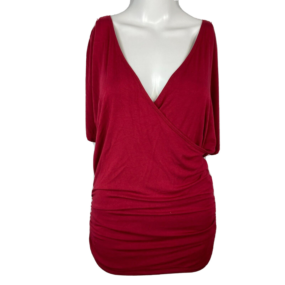 Johnny Shirt Womens Sz M Burgundy Red Elbow Sleeve Surplice V Neck Wrap‎ Top
